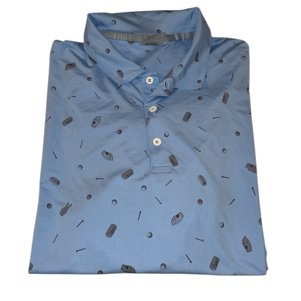 Puma Golf Polo Shirt XL Blue All Over Print Golf Balls Tees Gloves Performance
